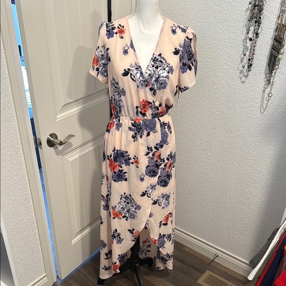 Floral V-Neck Wrap Dress - Cream and Blue